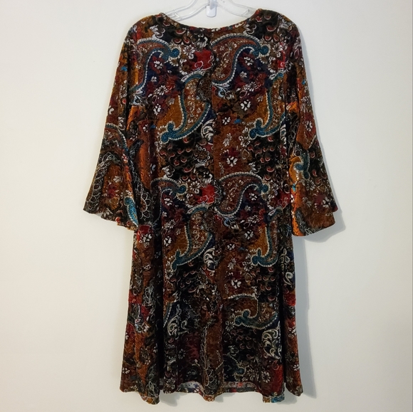 NWT!Prelude 1X Velvet Coffee Paisley/Floral Flared Sleeve Shift Dress Scoopneck - Picture 7 of 10